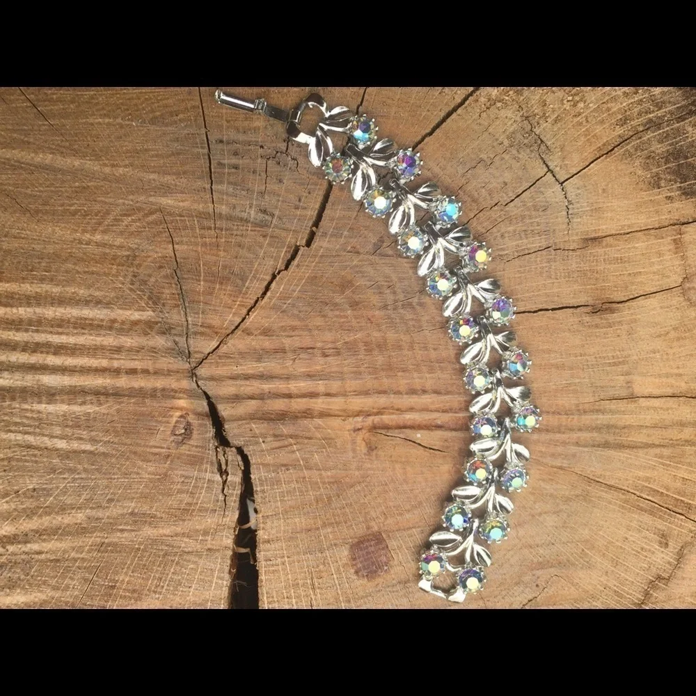 Silver Flower Bracelet Iridescent Stones